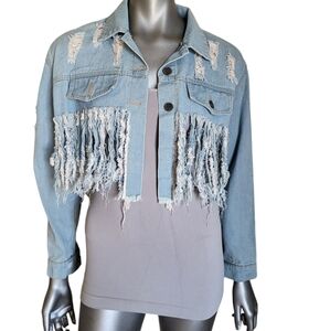 7B. Blue B Collection Short Fringed Denim Jacket - Size Medium
